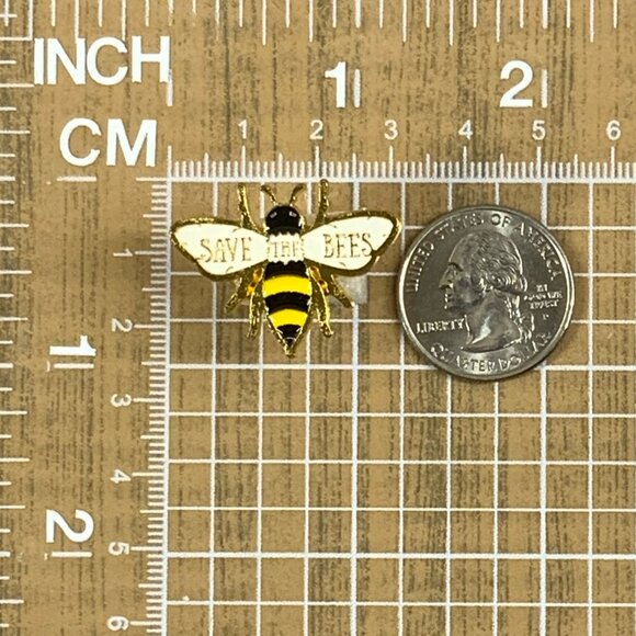 Save the Bees Pin Brooch Gold Tone Yellow Black White enamel - Picture 3 of 5
